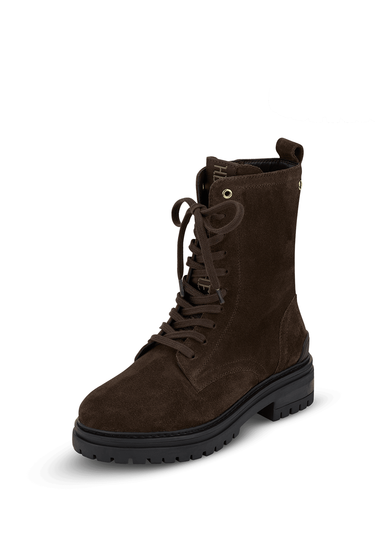 Frontalansicht auf neutralem Hintergrund des Produktes Signature Boot Suede in der Farbe Coffee