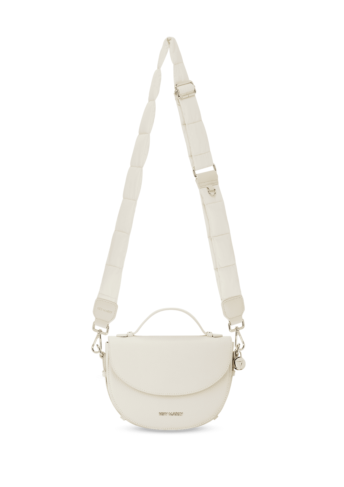 Seitenansicht auf neutralem Hintergrund des Produktes Puffy Nylon Strap in der Farbe Crema