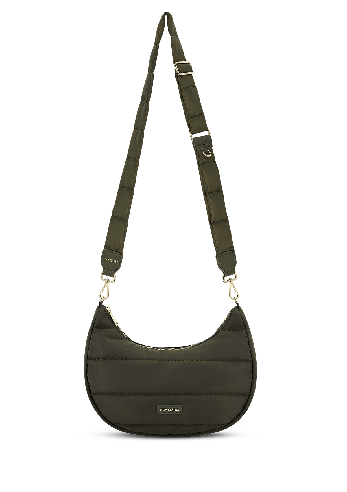 Seitenansicht auf neutralem Hintergrund des Produktes Puffy Nylon Strap in der Farbe Forest
