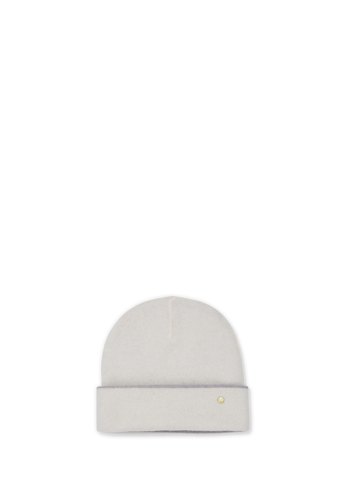 Seitenansicht auf neutralem Hintergrund des Produktes Classic Beanie in der Farbe Greige/Crema