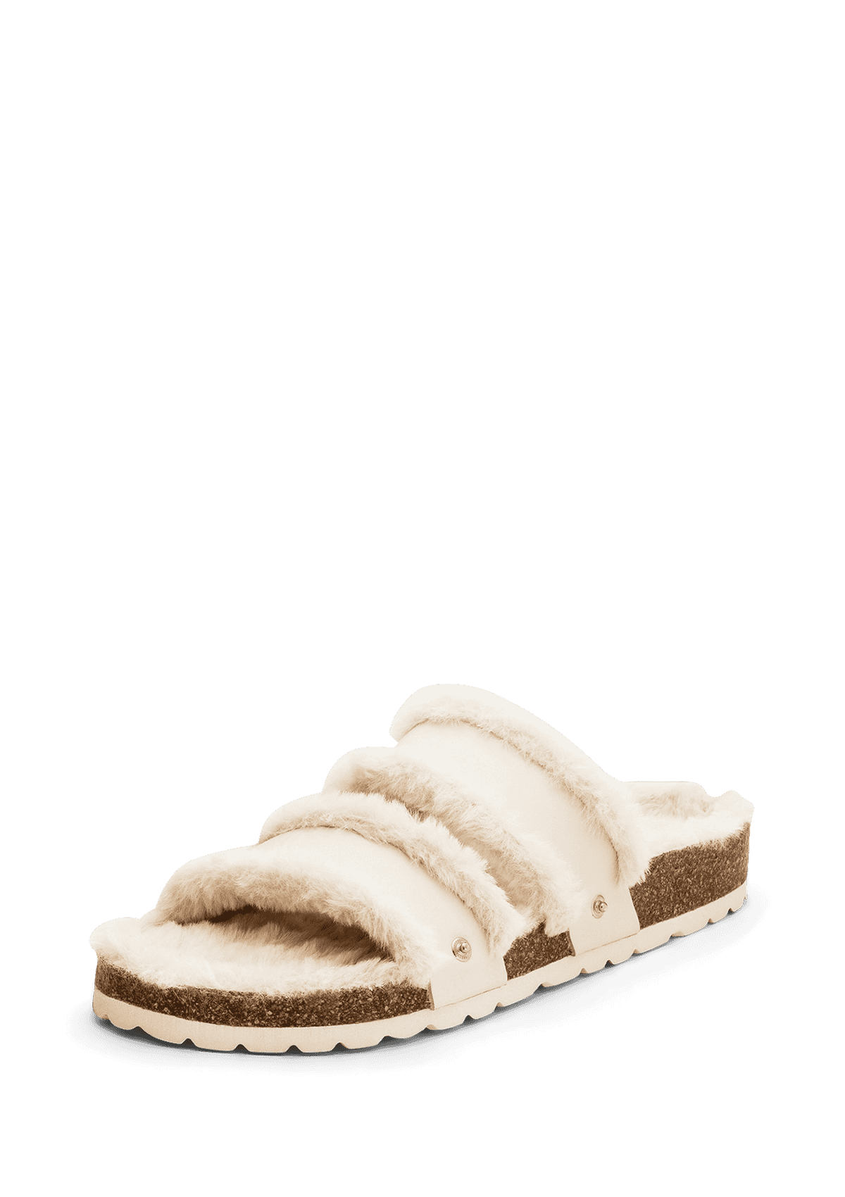 Seitenansicht auf neutralem Hintergrund des Produktes Casual Cork Fur in der Farbe Crema