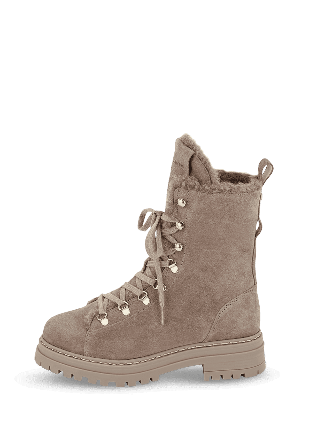 Seitenansicht auf neutralem Hintergrund des Produktes Cozy Chunky Rock in der Farbe Mocha