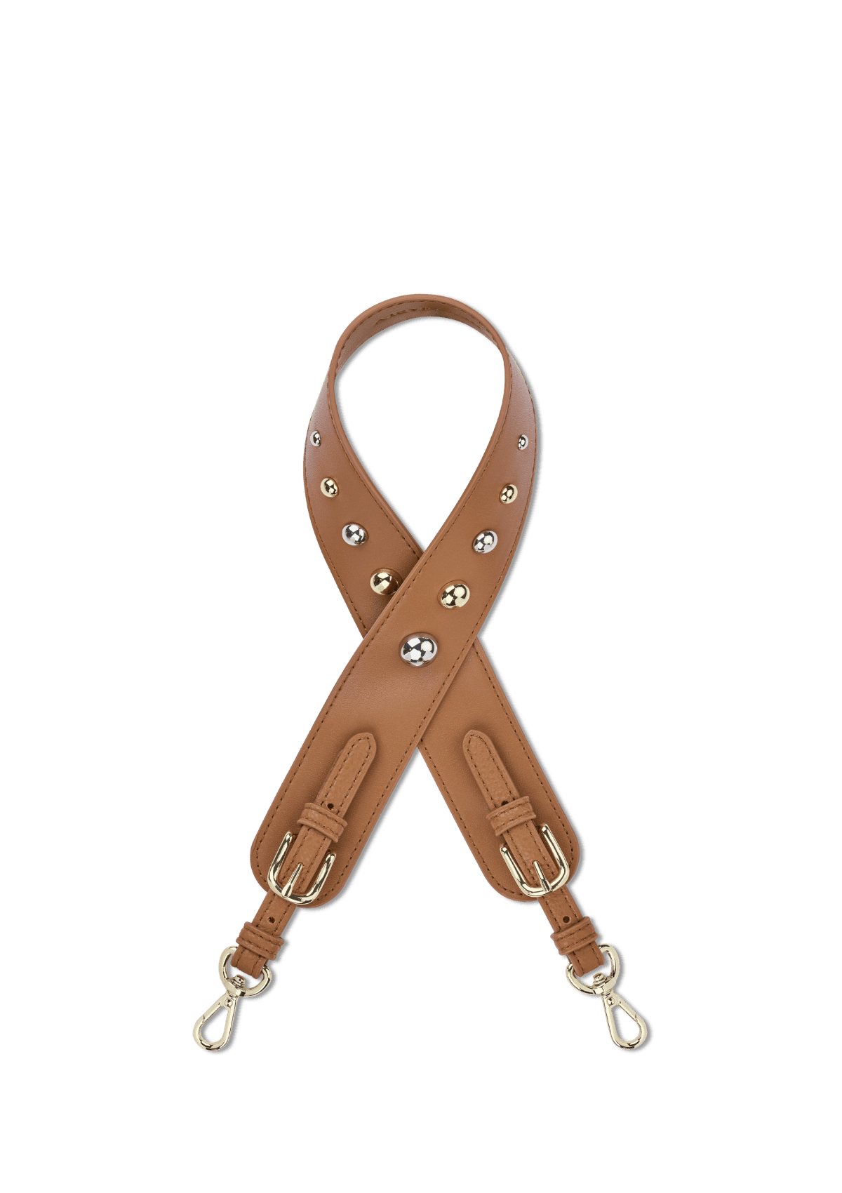 Seitenansicht auf neutralem Hintergrund des Produktes Urban Stud Strap in der Farbe Cognac