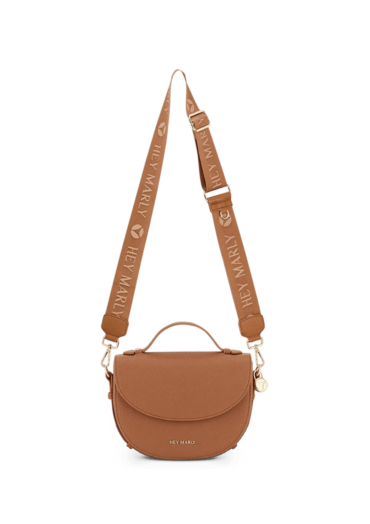 Seitenansicht auf neutralem Hintergrund des Produktes Signature Strap in der Farbe Cognac