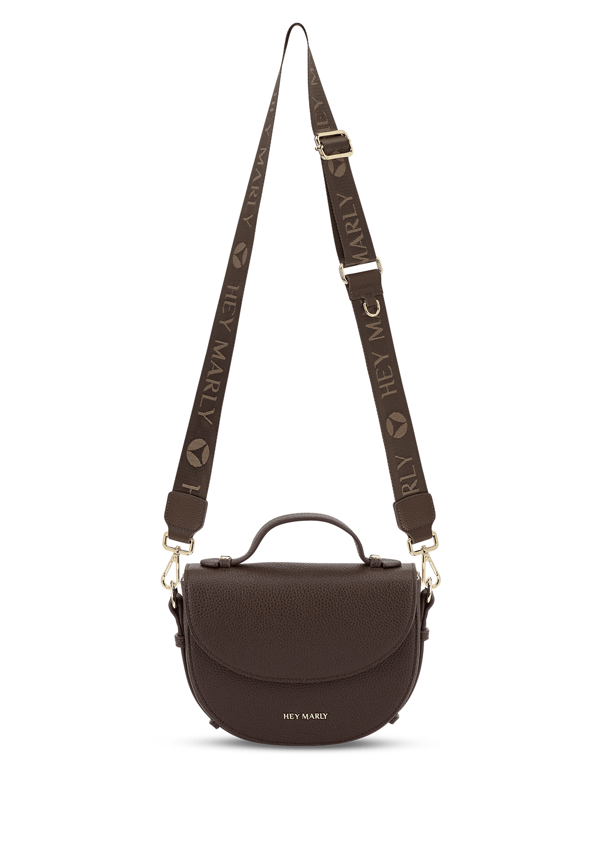 Seitenansicht auf neutralem Hintergrund des Produktes Signature Strap in der Farbe Coffee