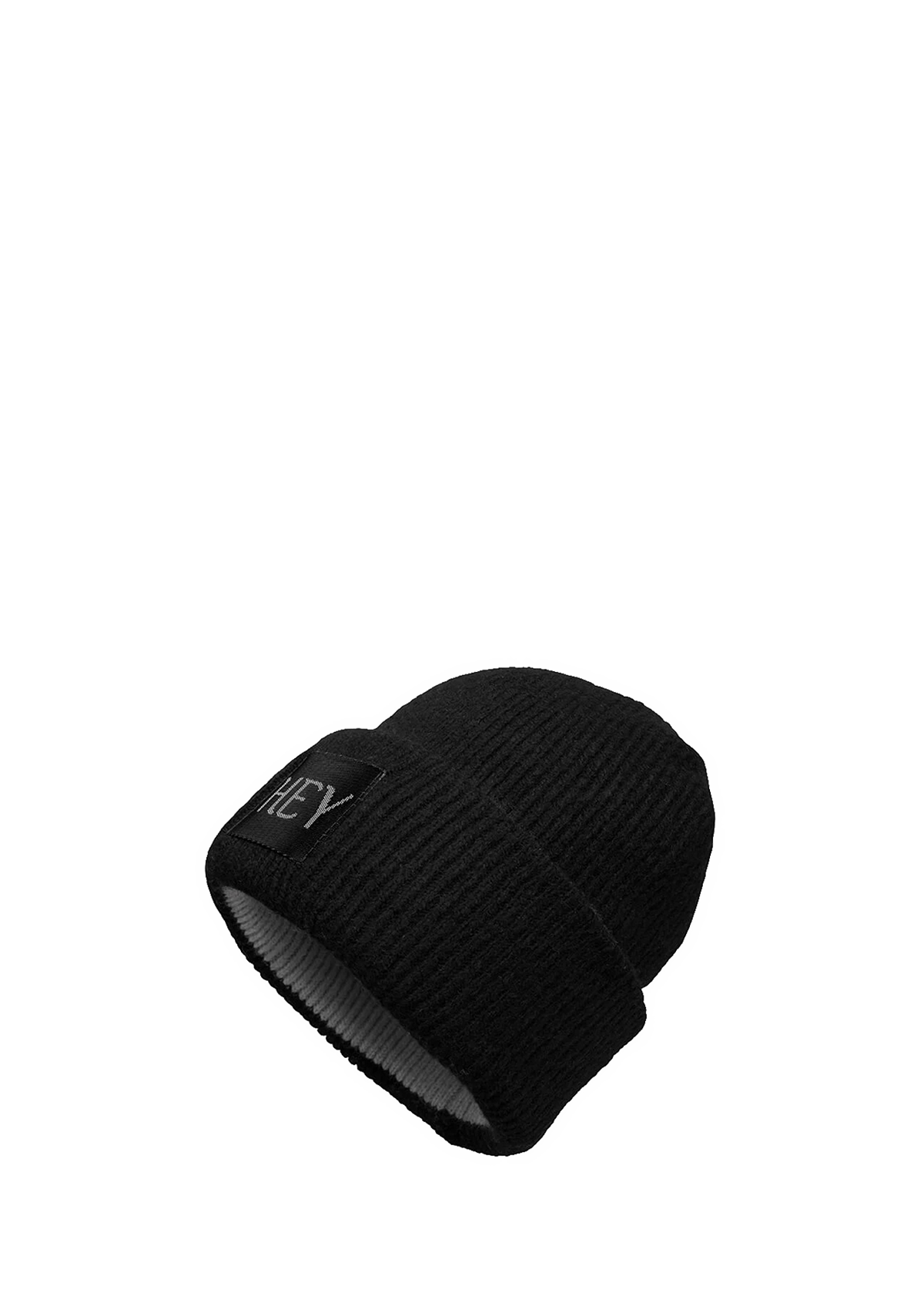 Seitenansicht auf neutralem Hintergrund des Produktes Cozy Beanie in der Farbe Black